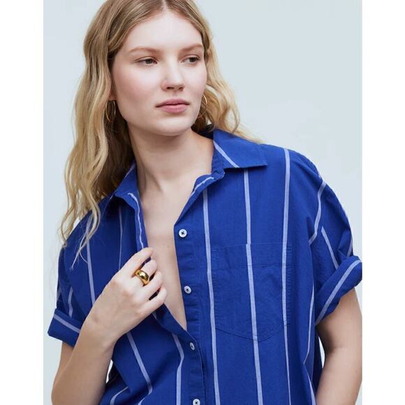 Madewell Signature Poplin Top Striped Oversized Boxy Button Up  Pure Blue NWT S - Picture 2 of 11